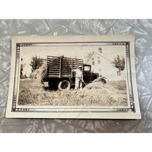 Vintage Jim Logan Farming Photo Black White Stake Truck Hay Farmhouse 4.5x3.25